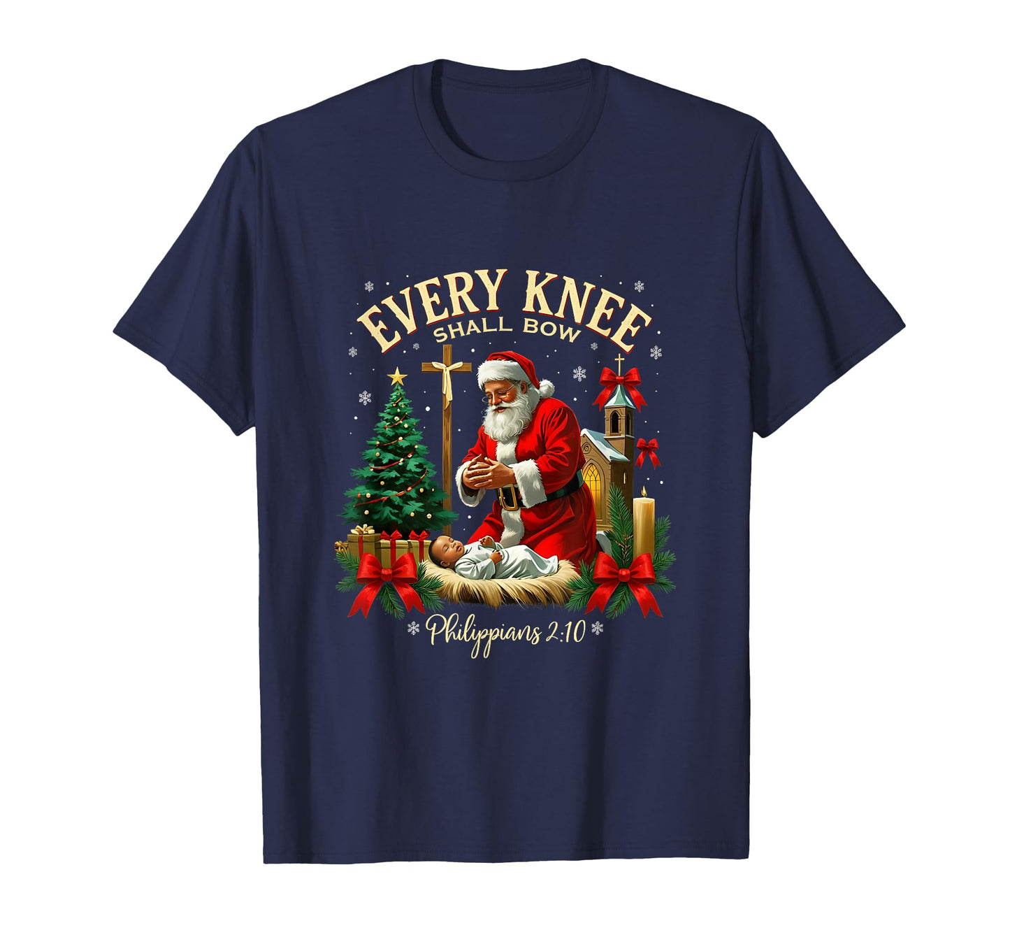 Santa Christmas Nativity Scene Xmas Every Knee Shall Bow T-Shirt