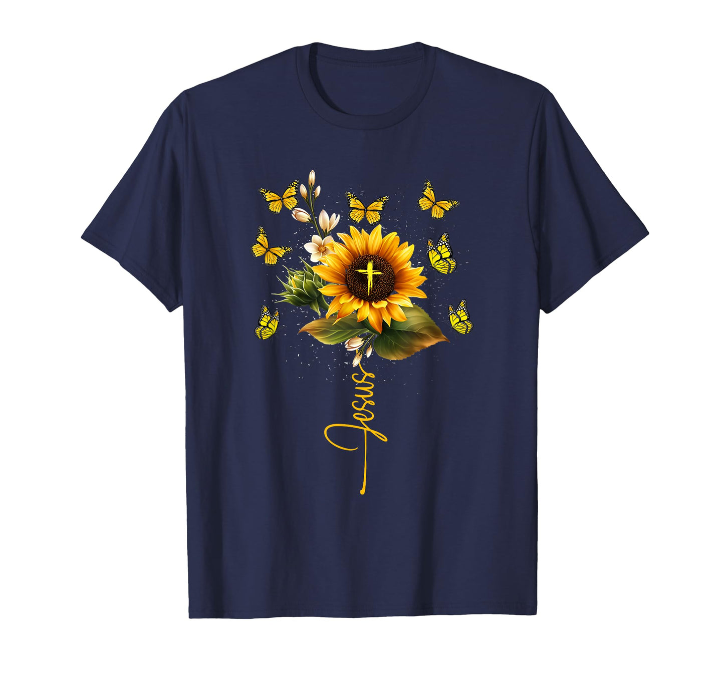 Sunflower Jesus Cross Butterflies Art Religious Christian T-Shirt