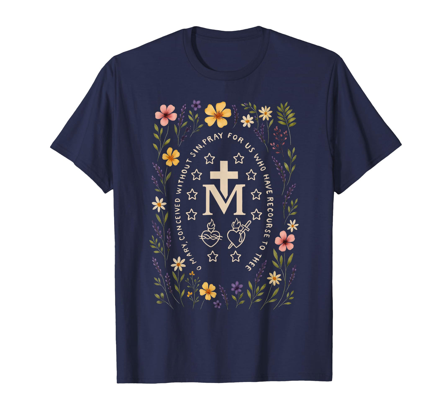 Marian Cross Floral Virgin Mary Catholic Mary T-Shirt