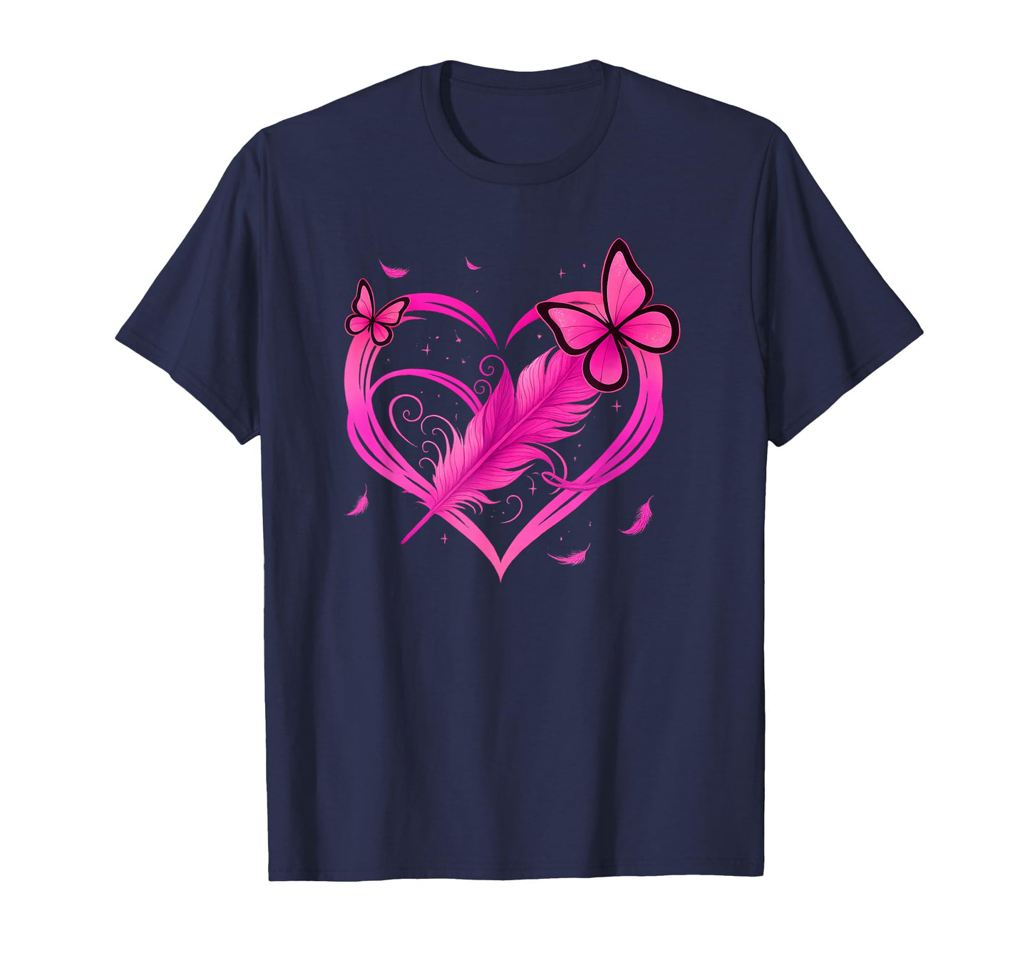 Pink Heart Butterfly Feather Breast Cancer Awareness T-Shirt