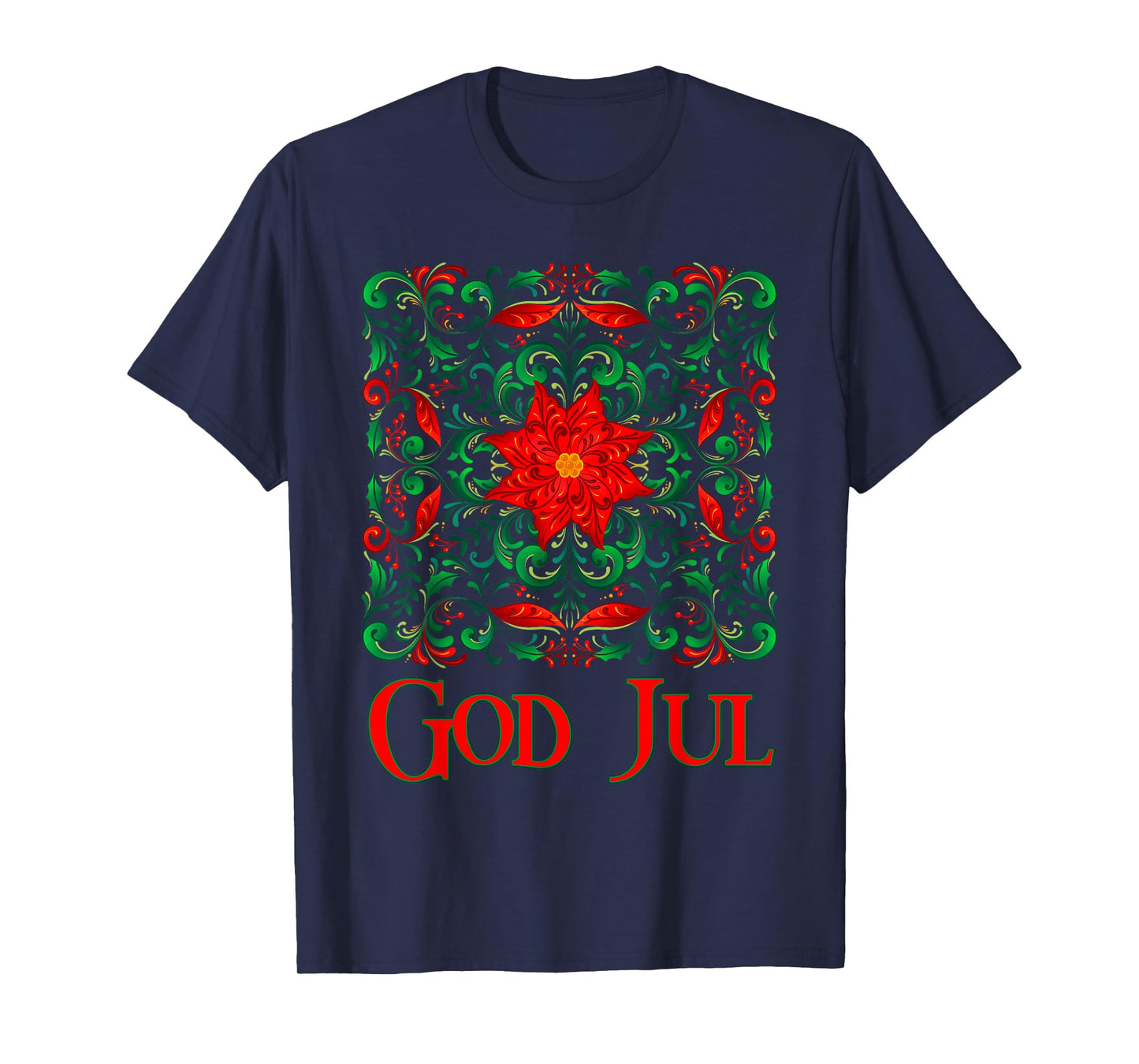 Norwegian Rosemaling God Jul Christmas Poinsettia Folk Art T-Shirt