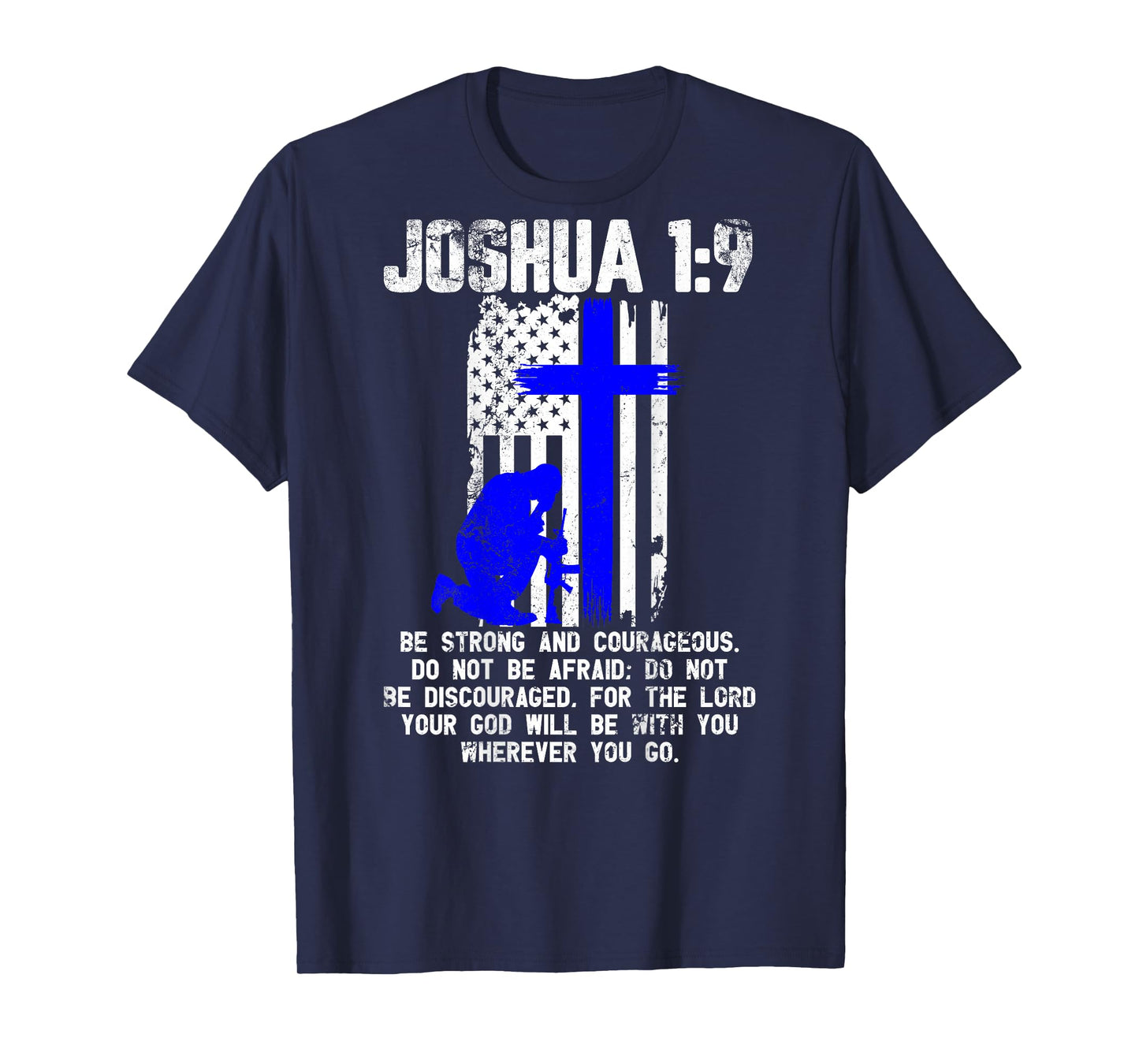Thin Blue Line Police Cross Bible Verse Christian USA Flag Women Men T-Shirt