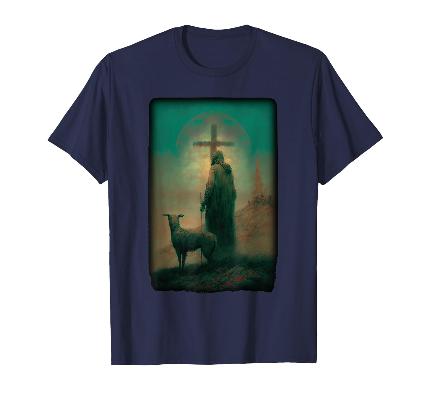 Biblical Jesus Lamb of God Sheep Shepard with Cross Old Art T-Shirt