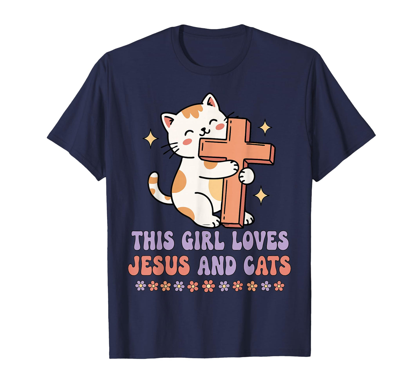 Christian This Girl Loves Jesus and Cats Cat Hugging Cross T-Shirt
