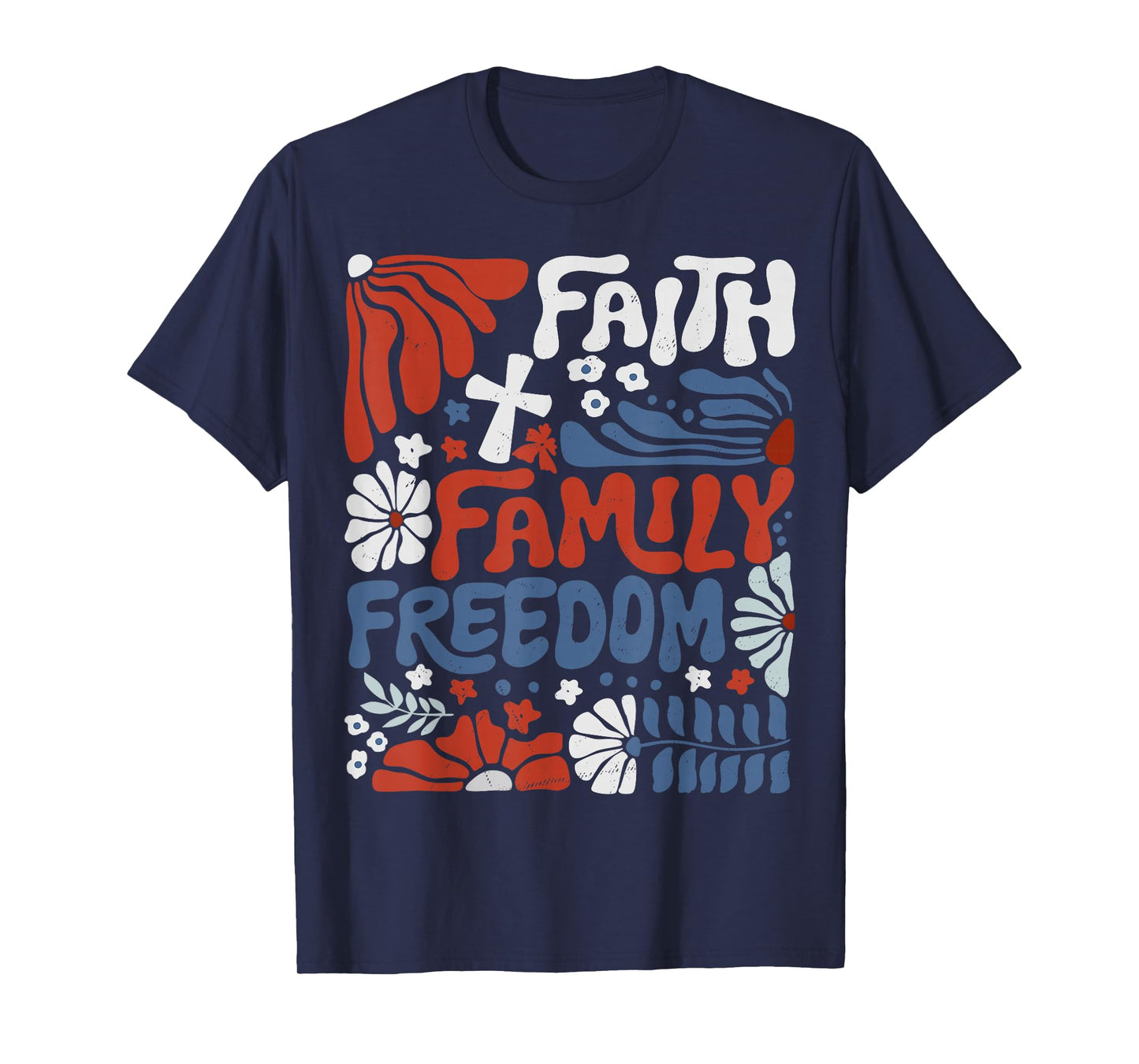 Patriotic Christian Faith Family Freedom Boho Floral Cross T-Shirt