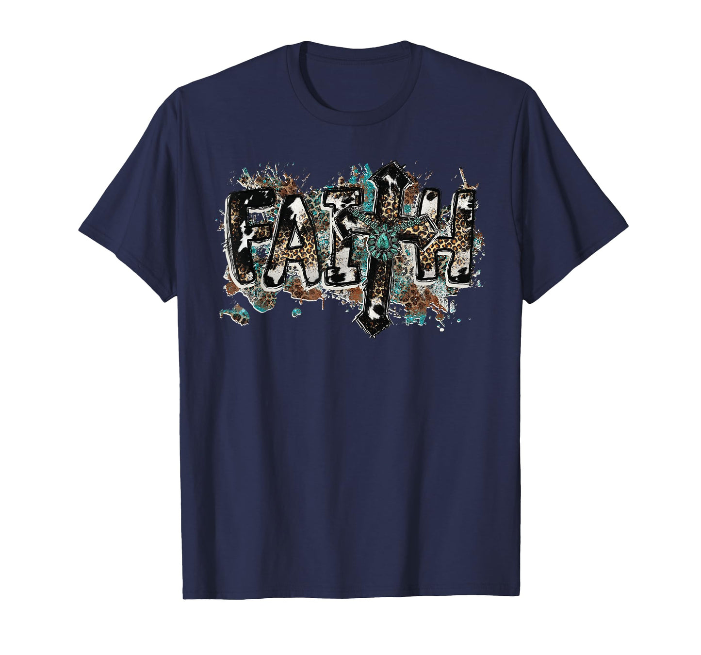 Grunge Faith T Christian Turquoise Leopard Faith Cross Jesus T-Shirt