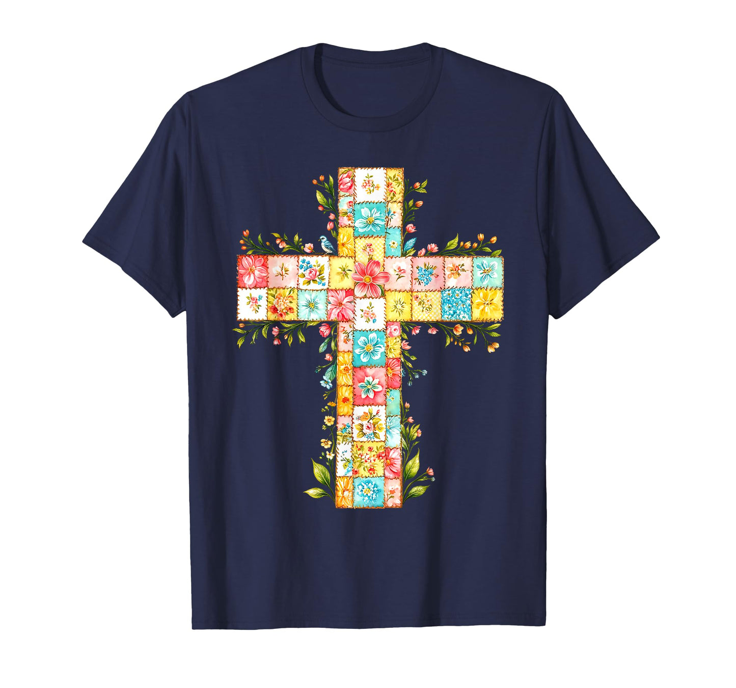 Vintage Floral Patchwork Cross Christian Faith Religious T-Shirt