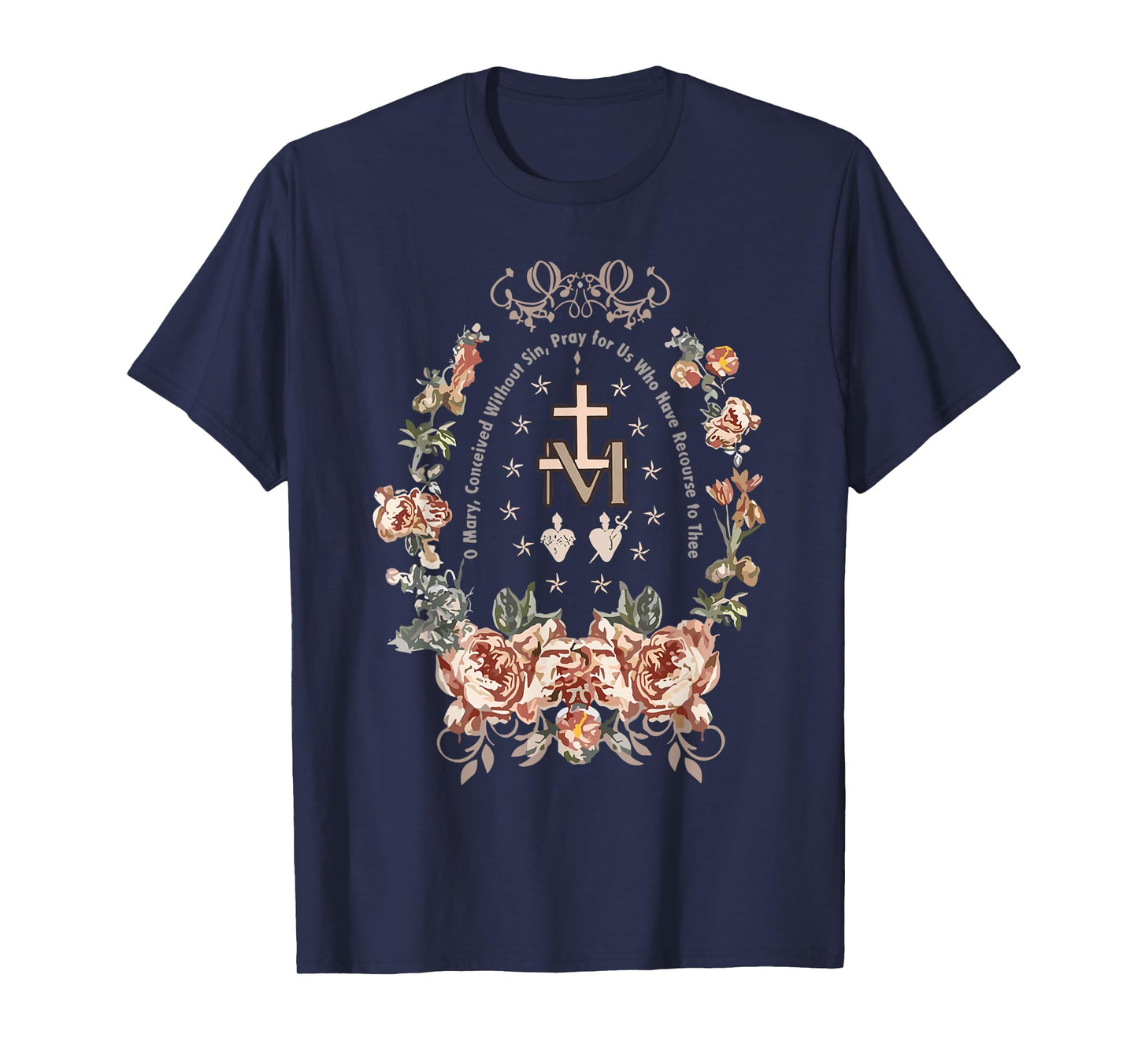 Marian Cross Floral Virgin Mary Catholic Art T-Shirt