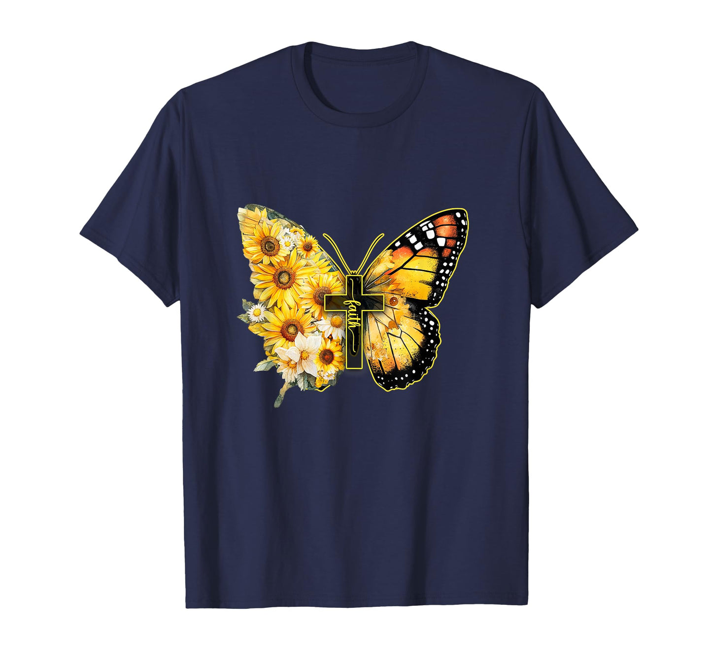 Faith Cross Sunflower Butterfly Christian Women Vintage T-Shirt