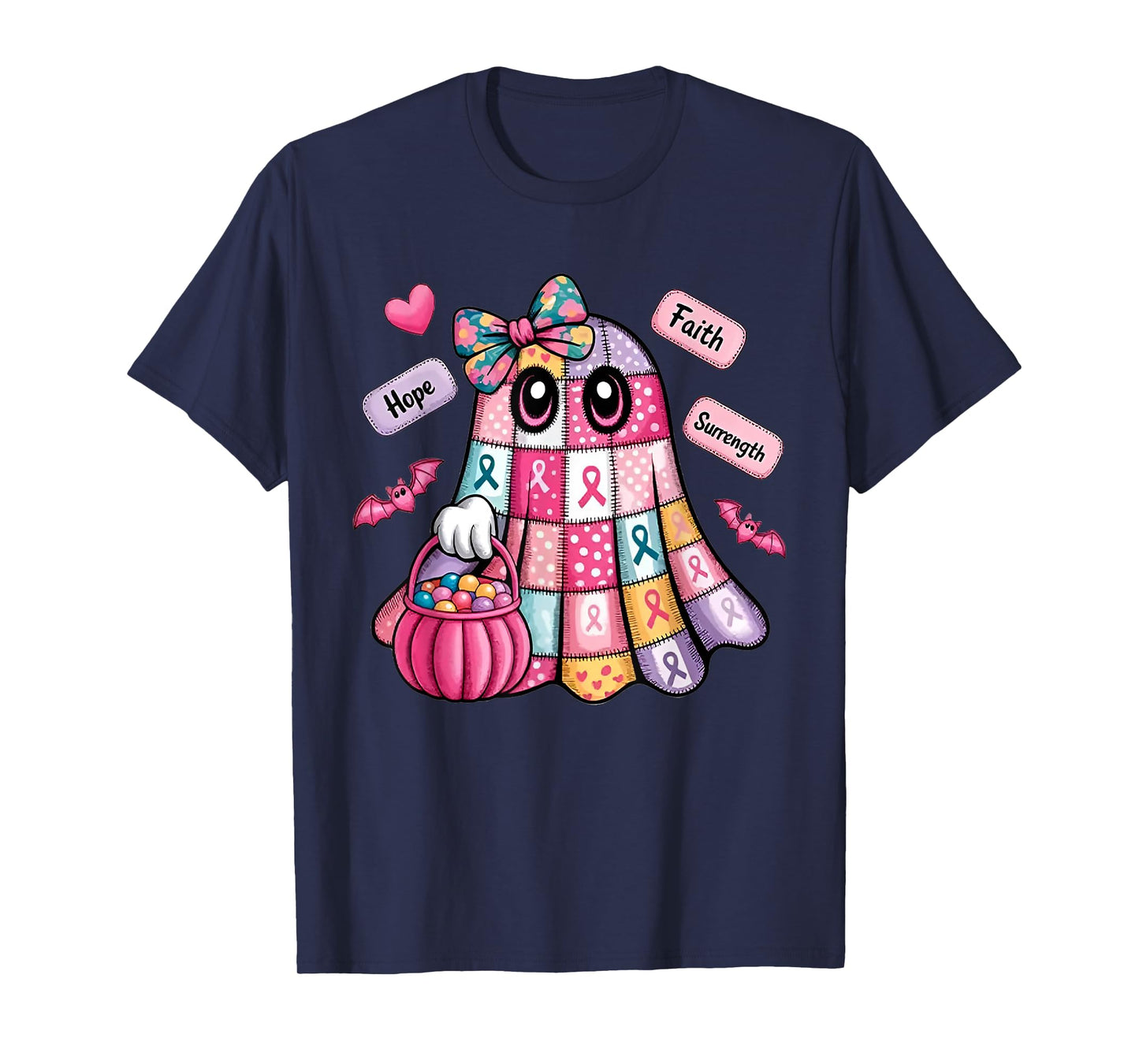 Faith Hope Surrength Patchwork Ghost Breast Cancer Awareness T-Shirt