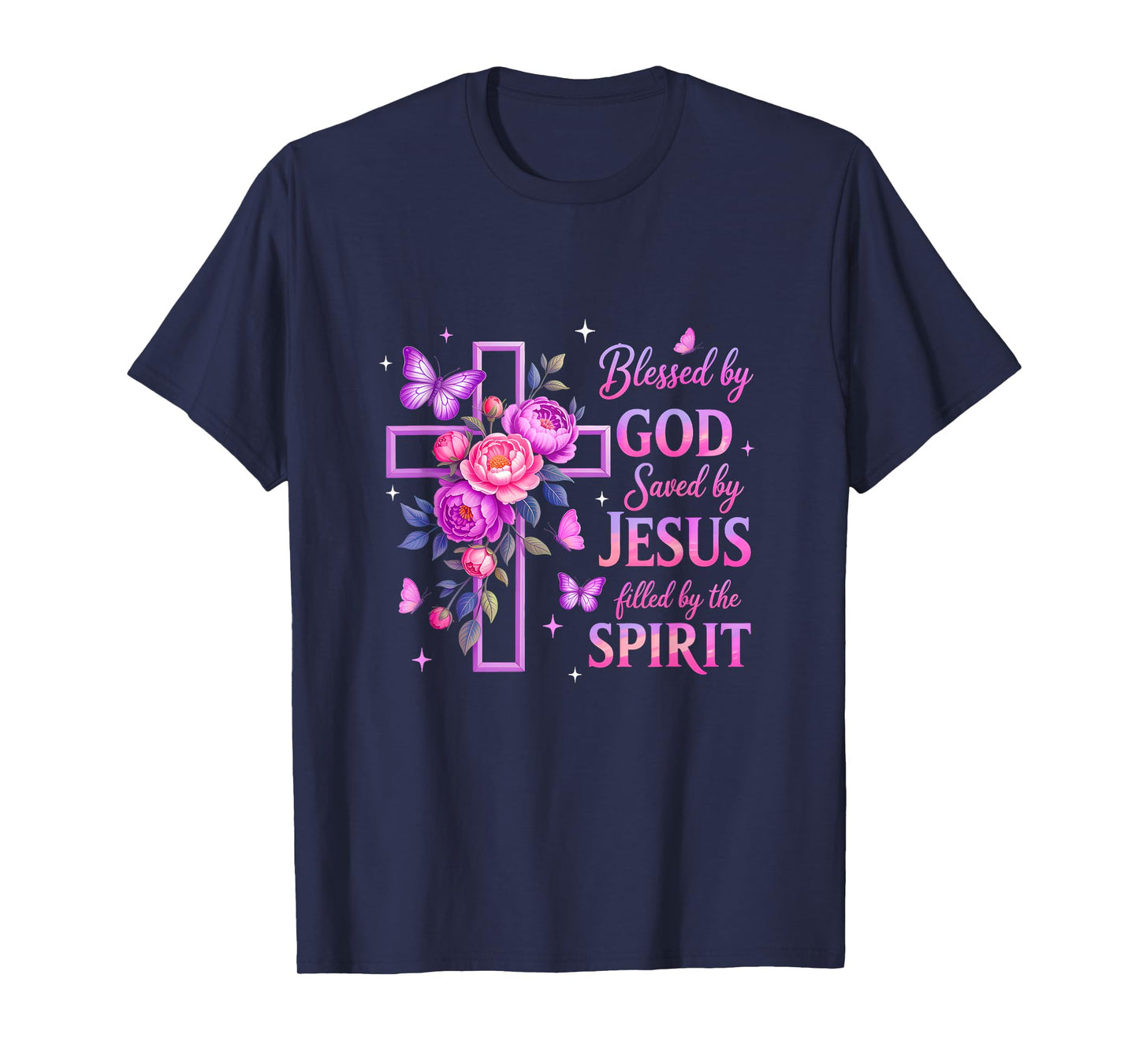Blessed By God Saved By Jesus Purple Floral Cross Christian T-Shirt