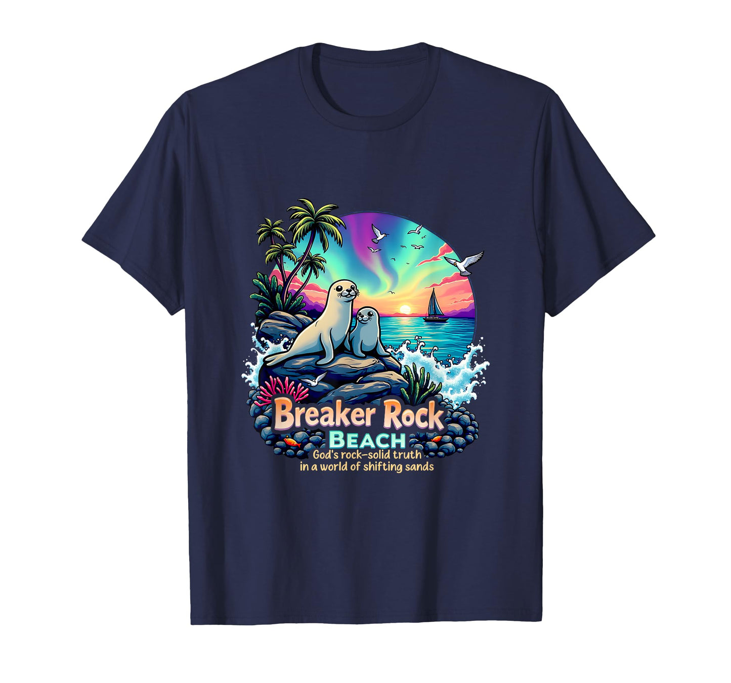 God's Solid Beach Breaker Rock Camp Retro VBS 2025 Beach T-Shirt