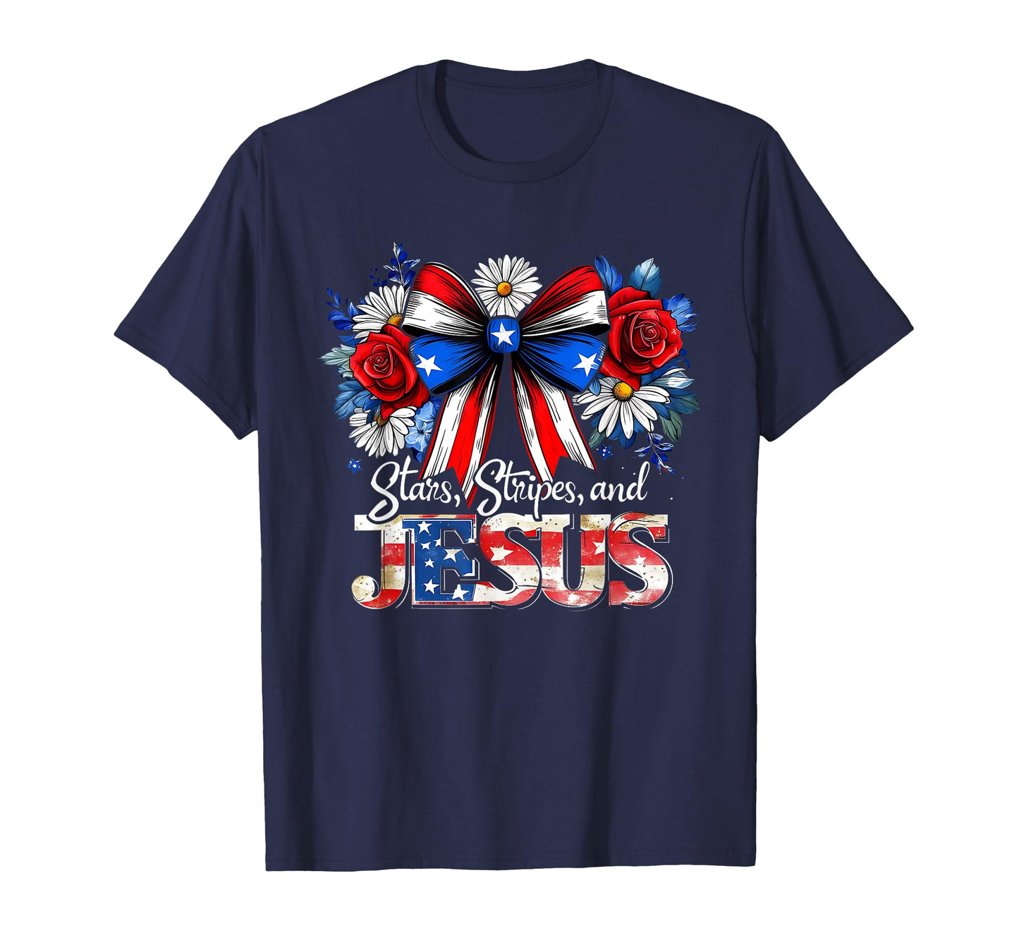 Stars Stripes and Jesus Bow Patriotic Christian Tee T-Shirt