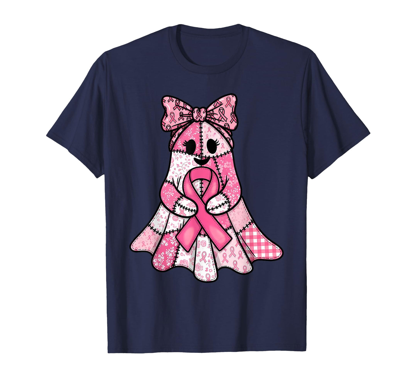 Pink Ribbon Patchwork Ghost Breast Cancer Spooky Halloween T-Shirt
