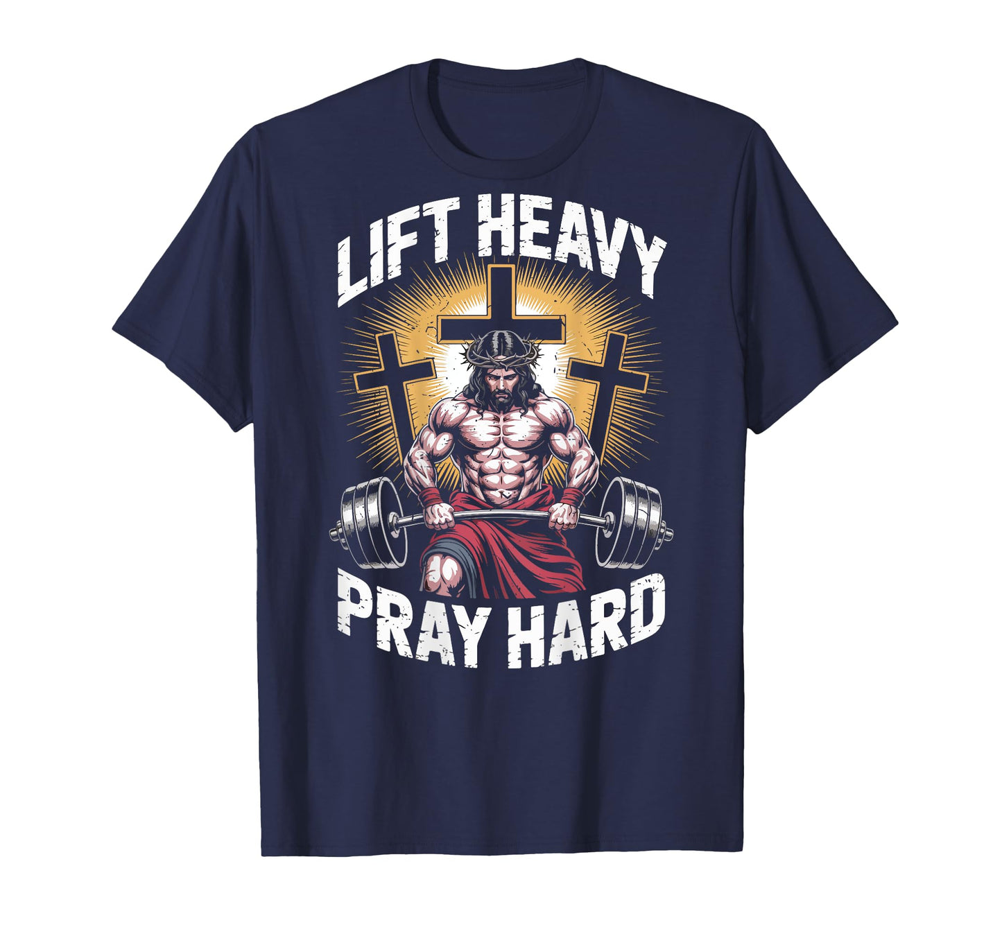 Men's Jesus Gym Lift Heavy Pray Hard Funny Christian Workout T-Shirt