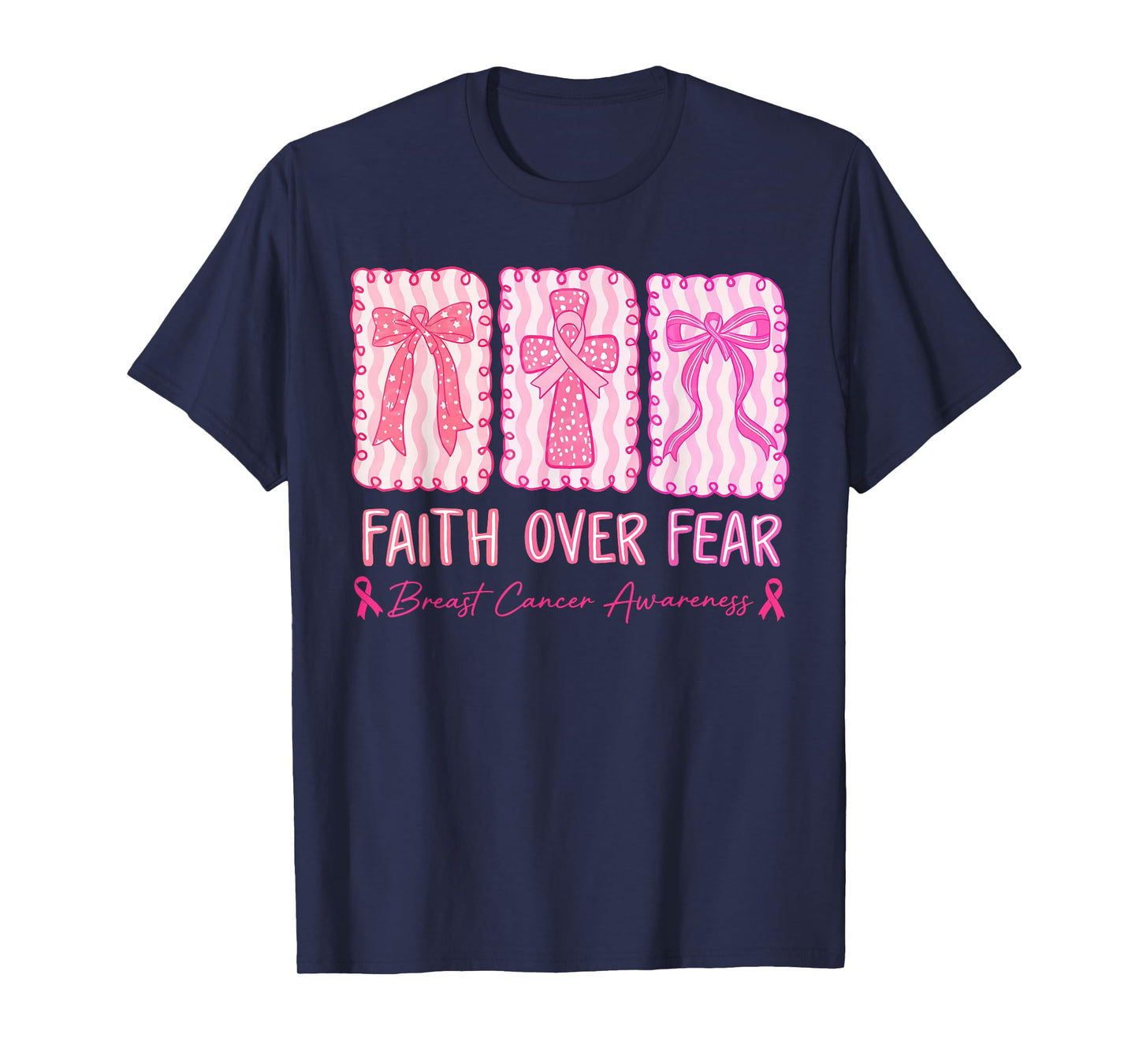 Faith Over Fear Coquette Bow Plaid Breast Cancer Awareness T-Shirt