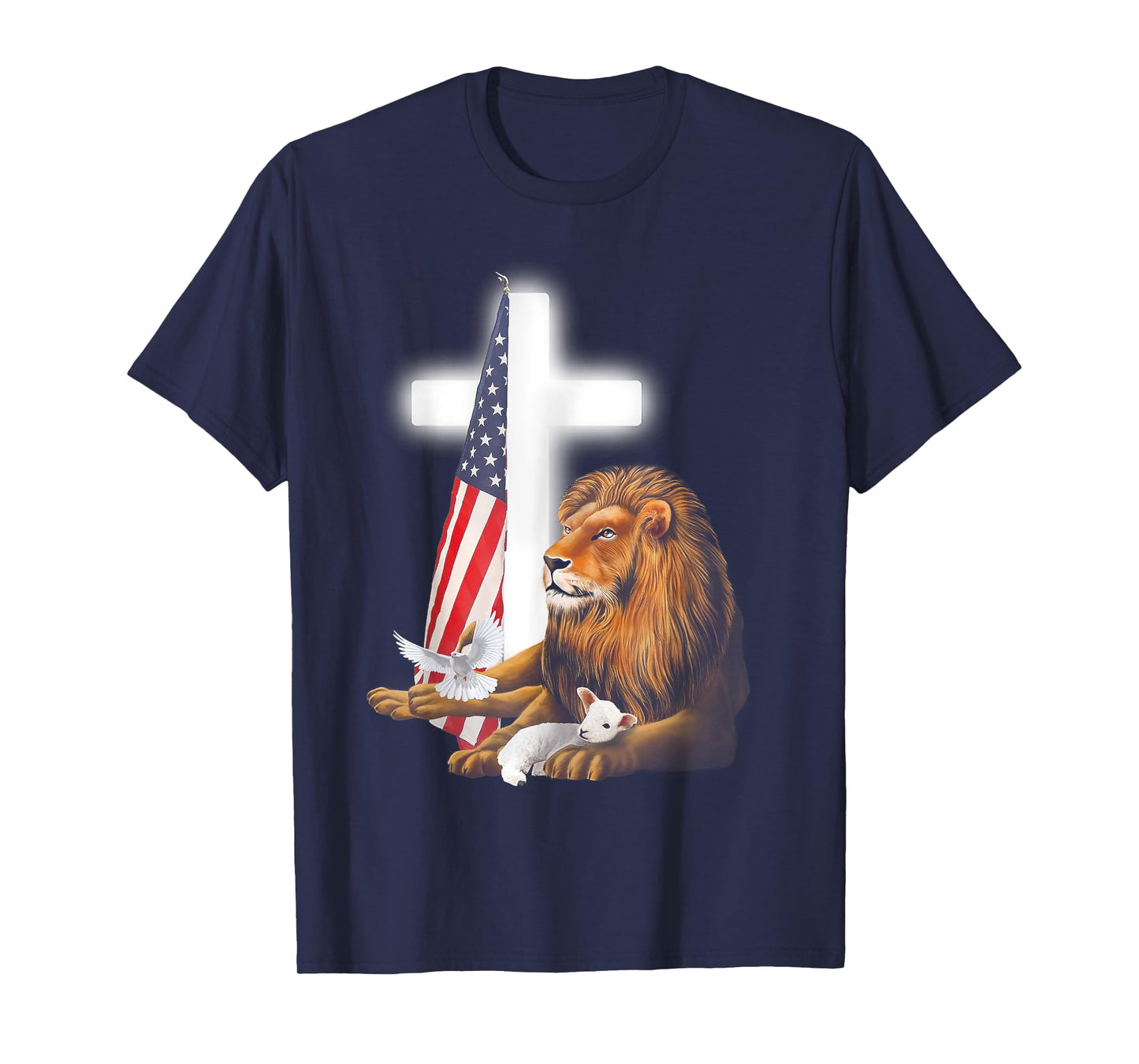 Lion And Lamb Cross Sheep Dove America Flag T-Shirt