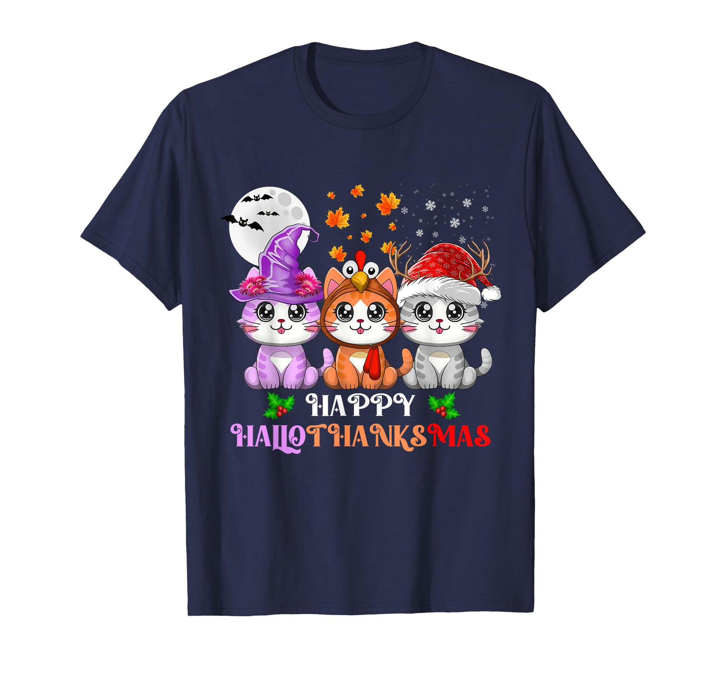 Happy HalloThanksMas Cats Halloween Thanksgiving Christmas T-Shirt