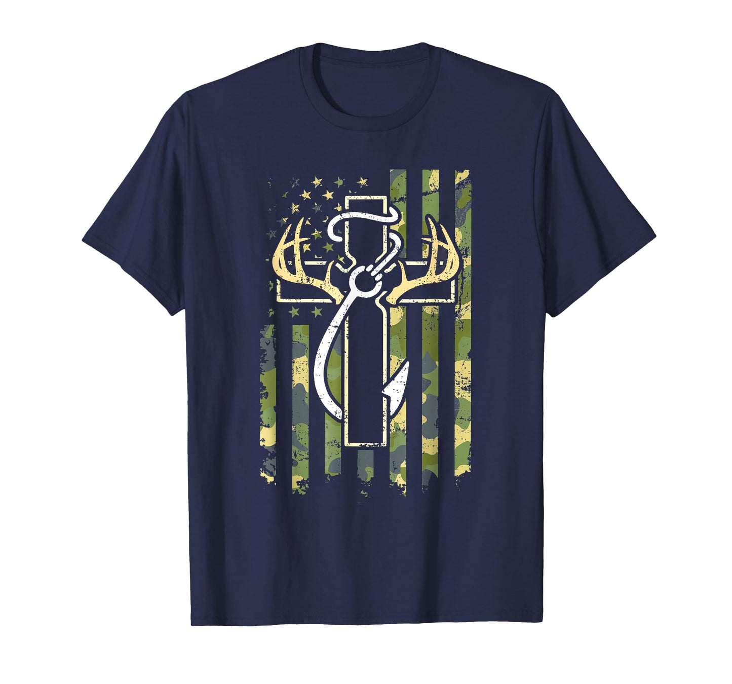 Hunting Fishing Faith Cross Deer Antlers American Flag T-Shirt