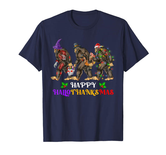Happy Hallothanksmas Bigfoot Halloween Thanksgiving Xmas T-Shirt
