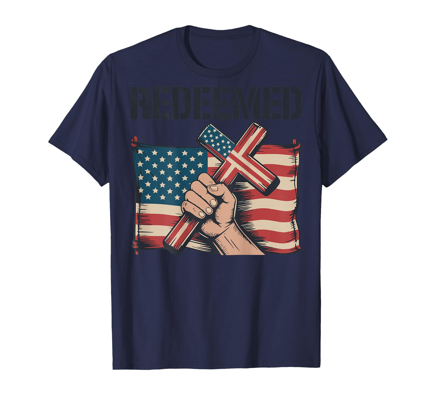 Men's Redeemed Christian Patriotic Cross Faith American Flag T-Shirt