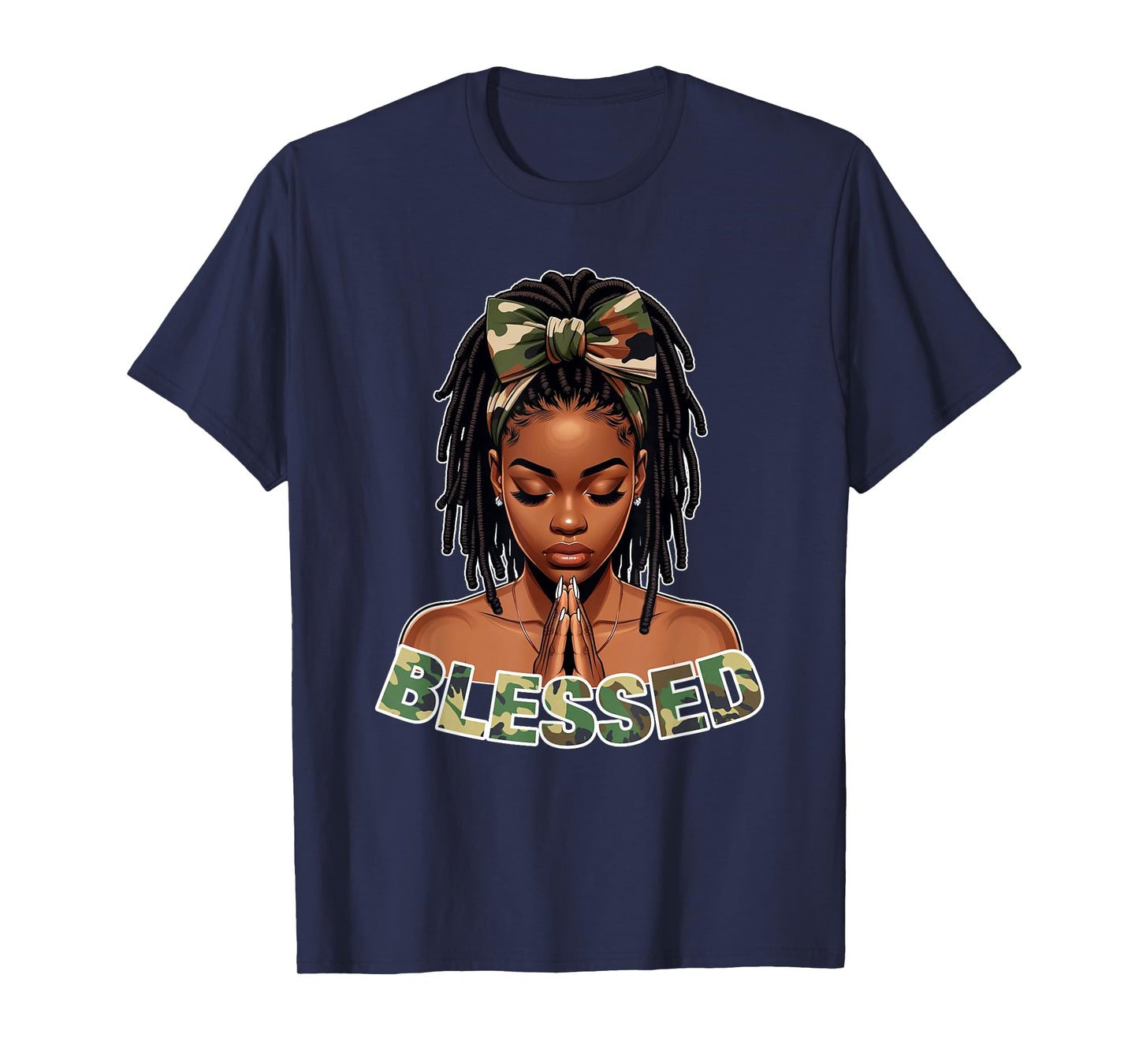 Praying Young Black Girl With Braids Locs Blessed Camo T-Shirt