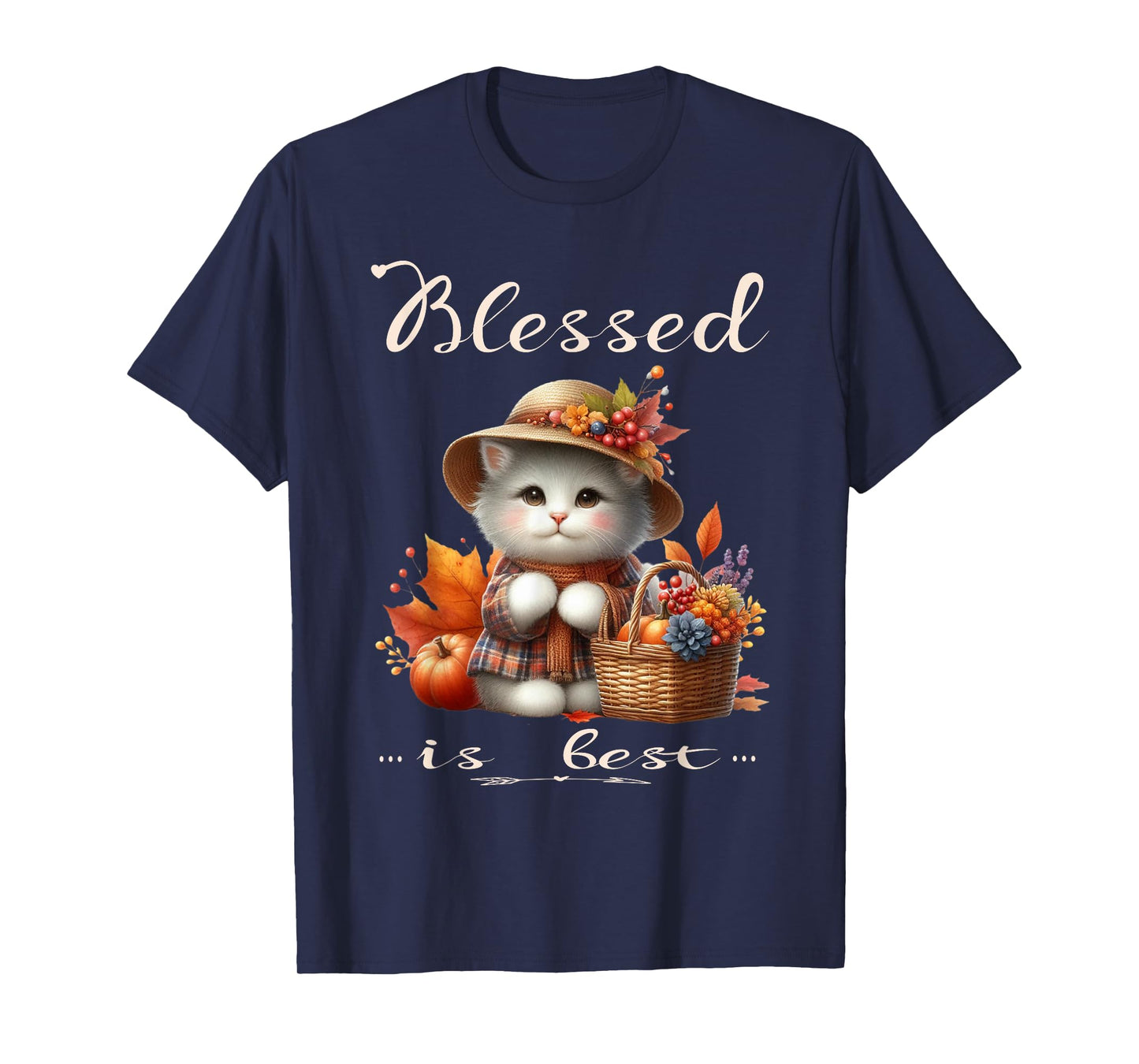 Blessed is Best Fall & Autumn Cute White Vintage Kitty & Hat T-Shirt