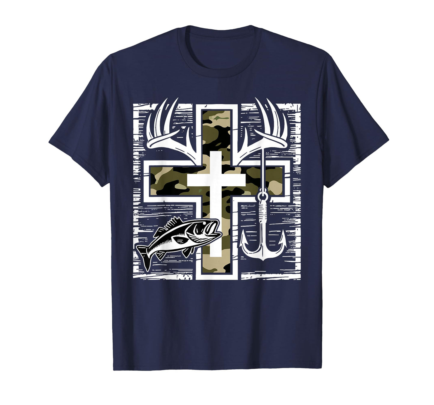 Faith Fishing Hunting Camo Cross with Hook Bass Christian T-Shirt