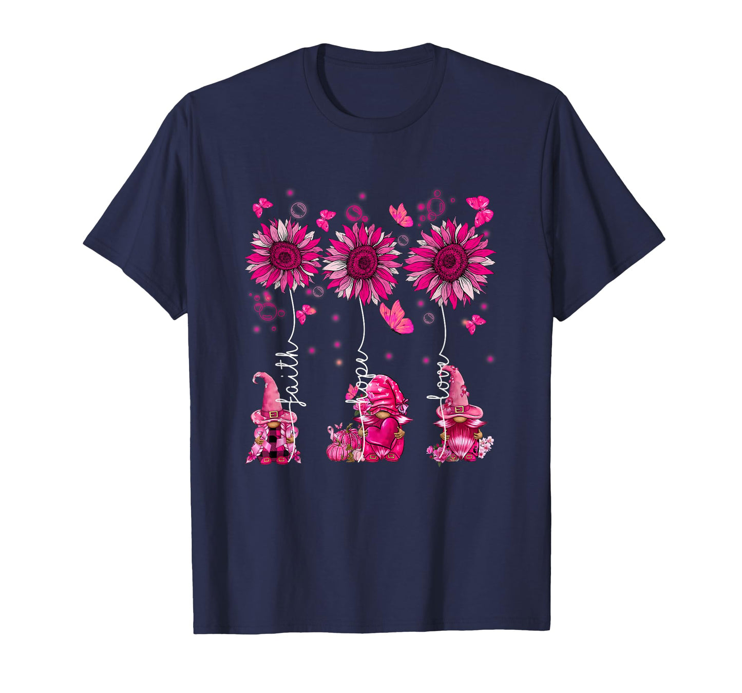 Faith Hope Love Gnome Ribbon Breast Cancer Awareness Flower T-Shirt