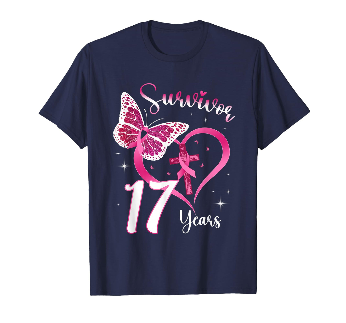 Breast Cancer Survivor Pink Ribbon Butterfly 17 Years Gift T-Shirt