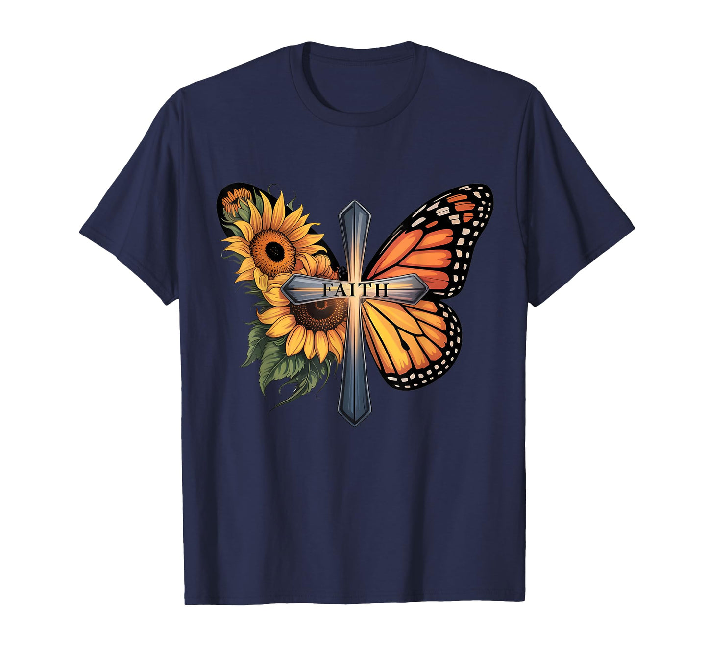 Faith Cross Sunflower Butterfly Christian Vintage T-Shirt