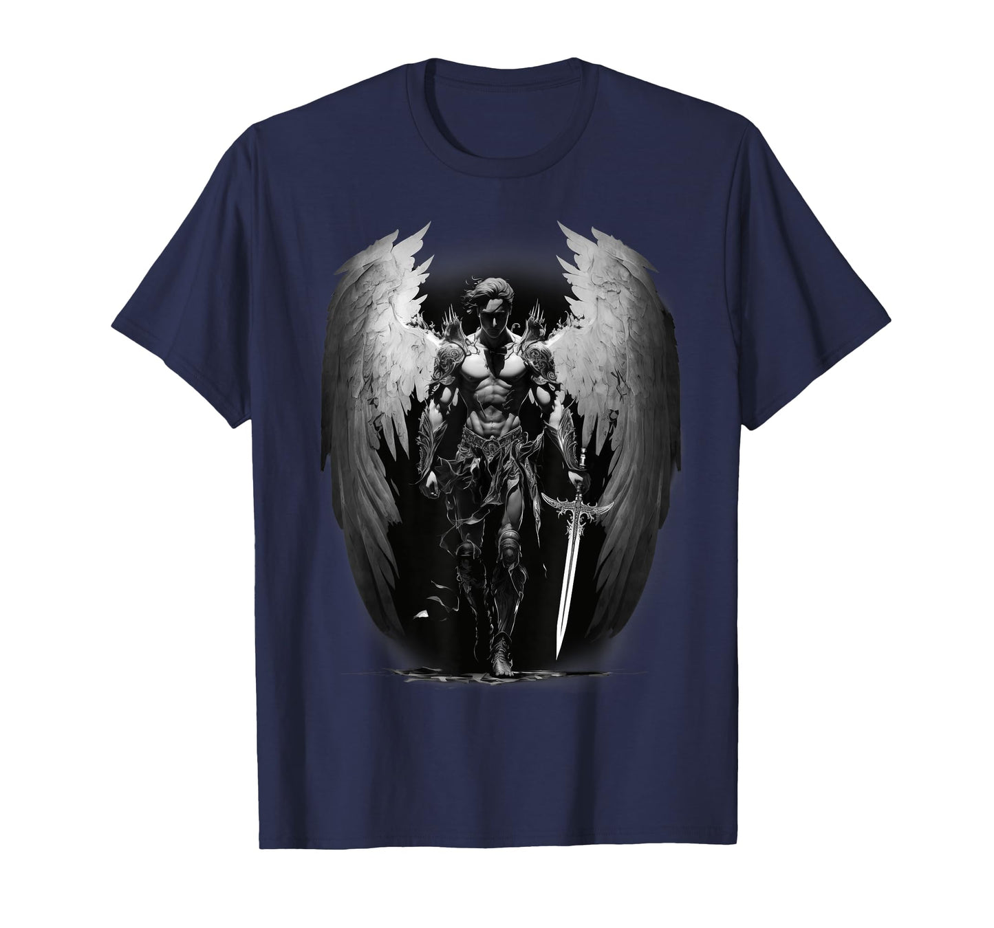 Angel Archangel with Sword, Wings in B&W Walking to Fight. T-Shirt