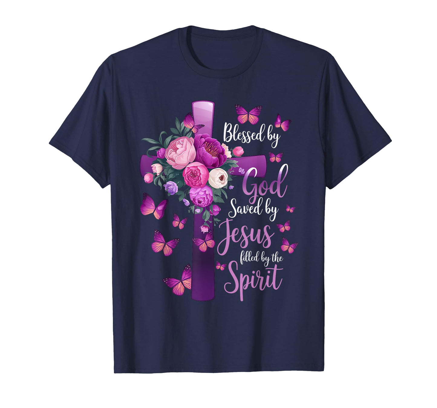 Blessed by God Saved by Jesus Purple Floral Cross Christian T-Shirt