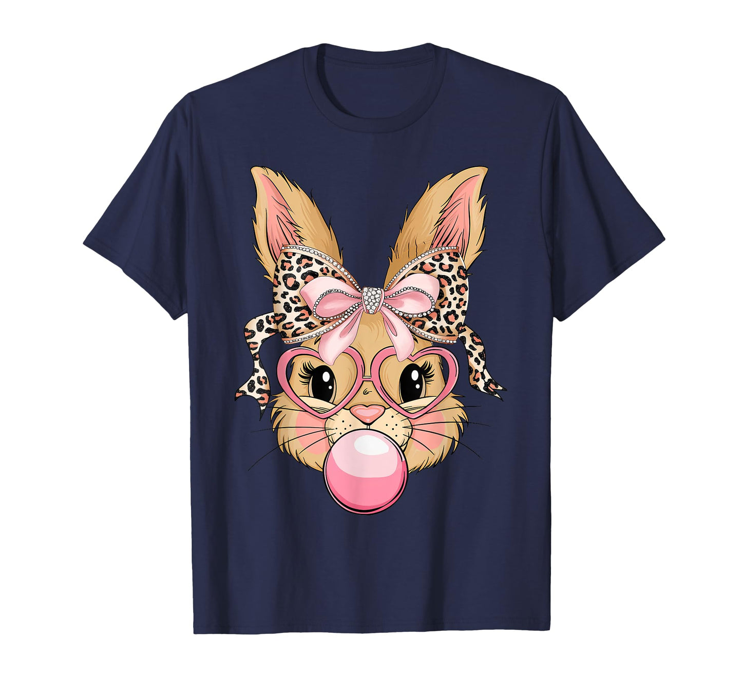 Cute Bunny Rabbit Face Leopard Glasses Girl Happy Easter Day T-Shirt