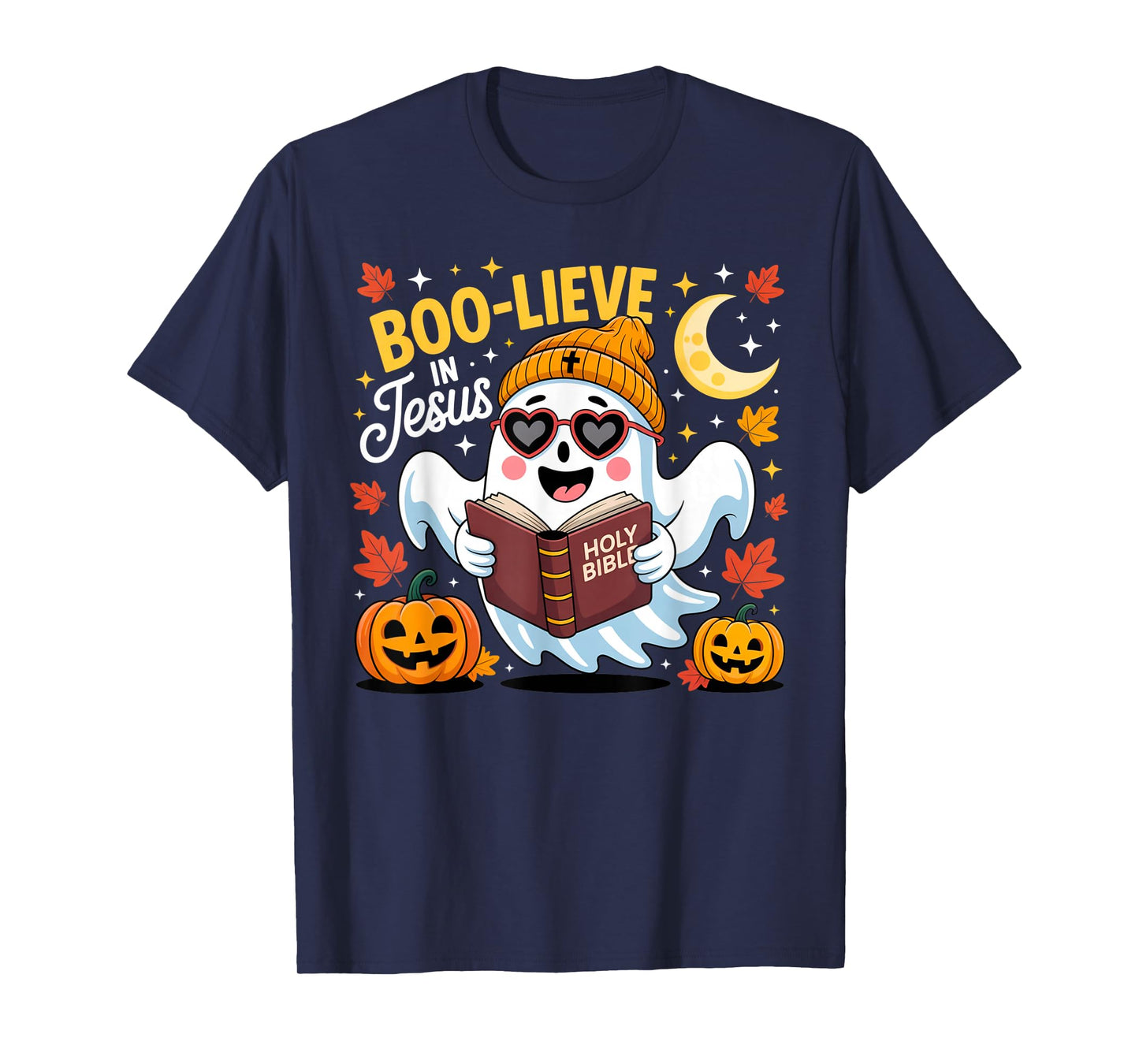Boo-Lieve in Jesus Ghost Christian Halloween Funny Crew T-Shirt