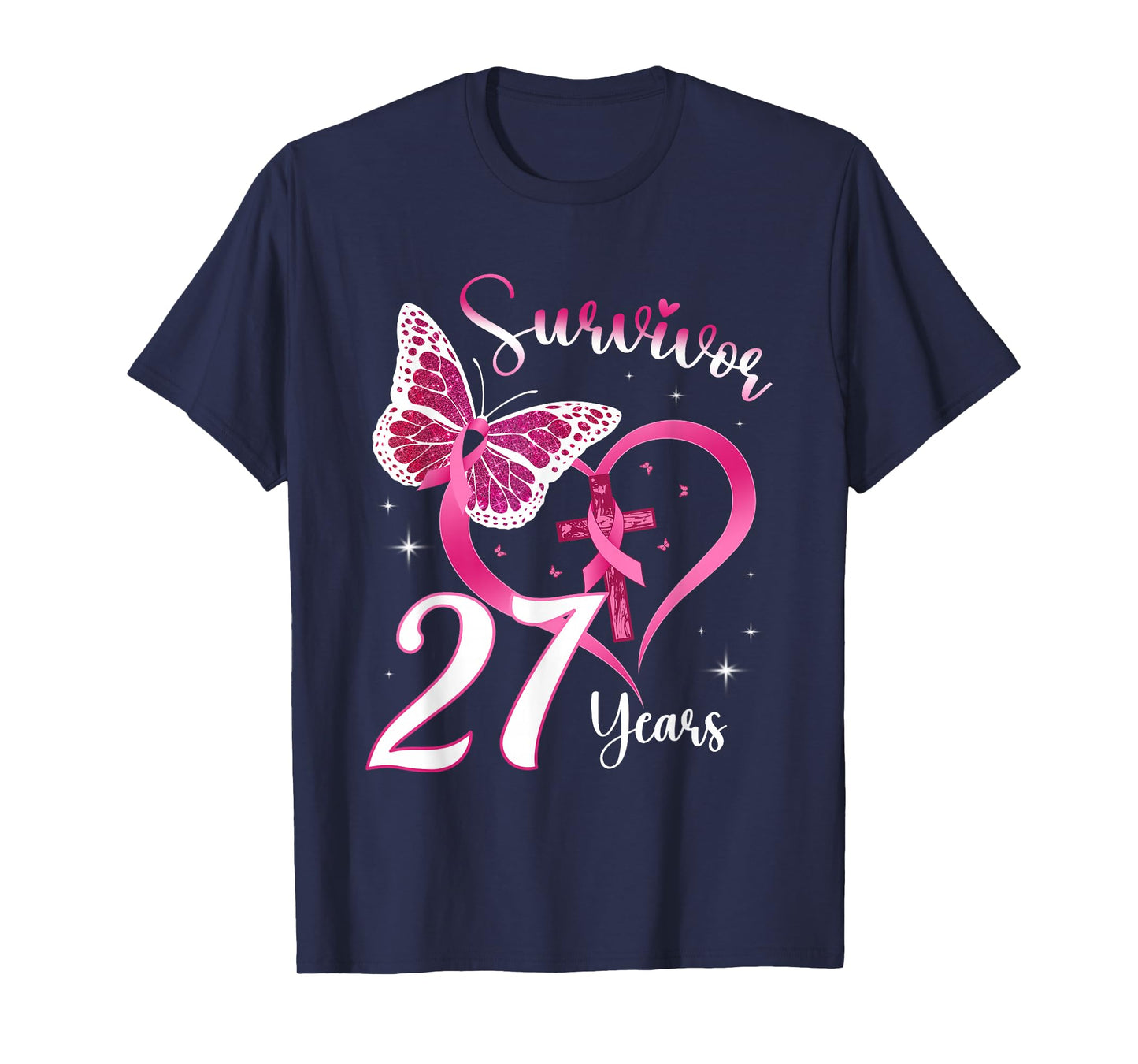 Breast Cancer Survivor Pink Ribbon Butterfly 27 Years Gift T-Shirt