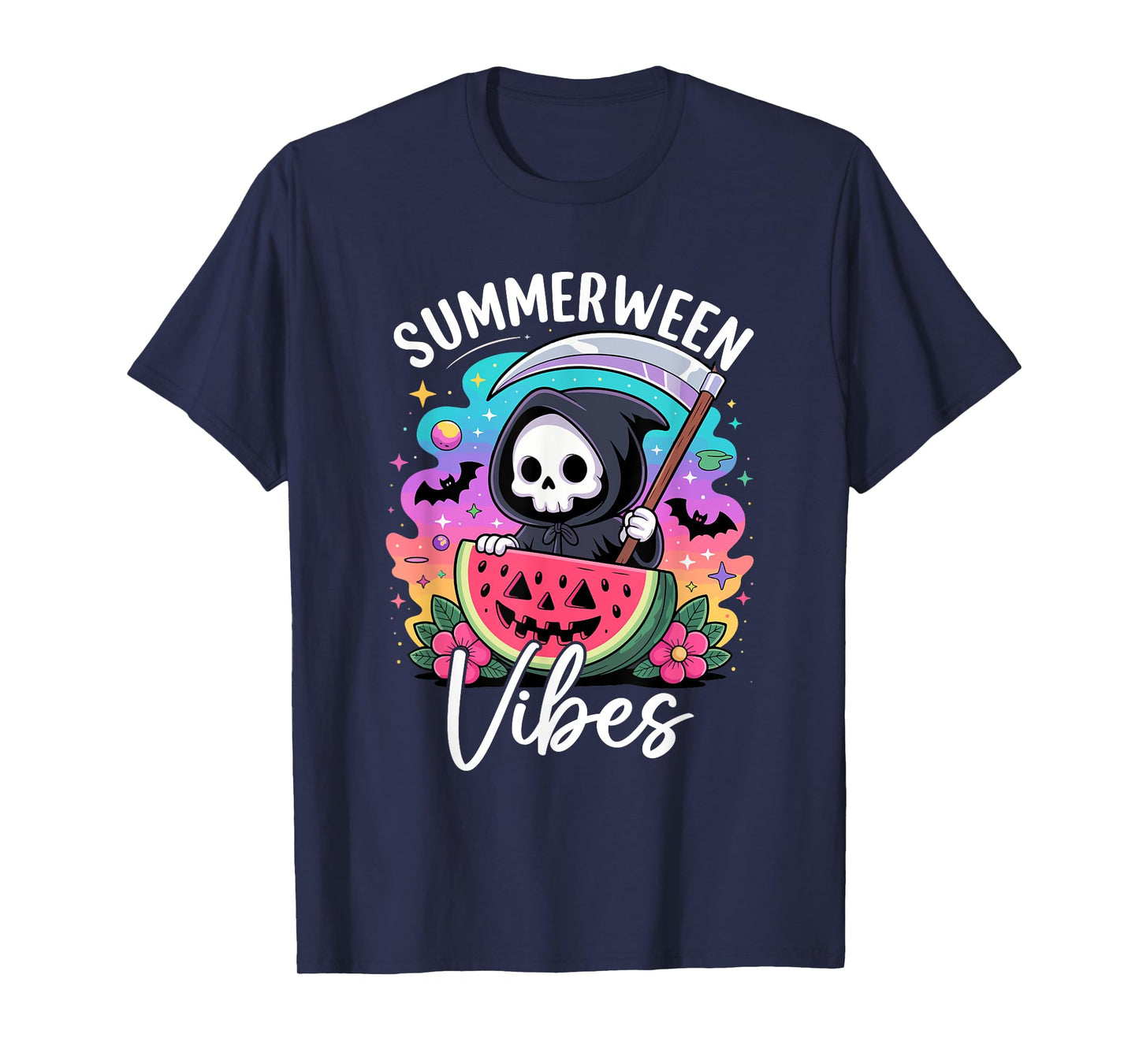 Retro Ghost Summerween Vibe Watermelon Ghost Summer Skeleton T-Shirt