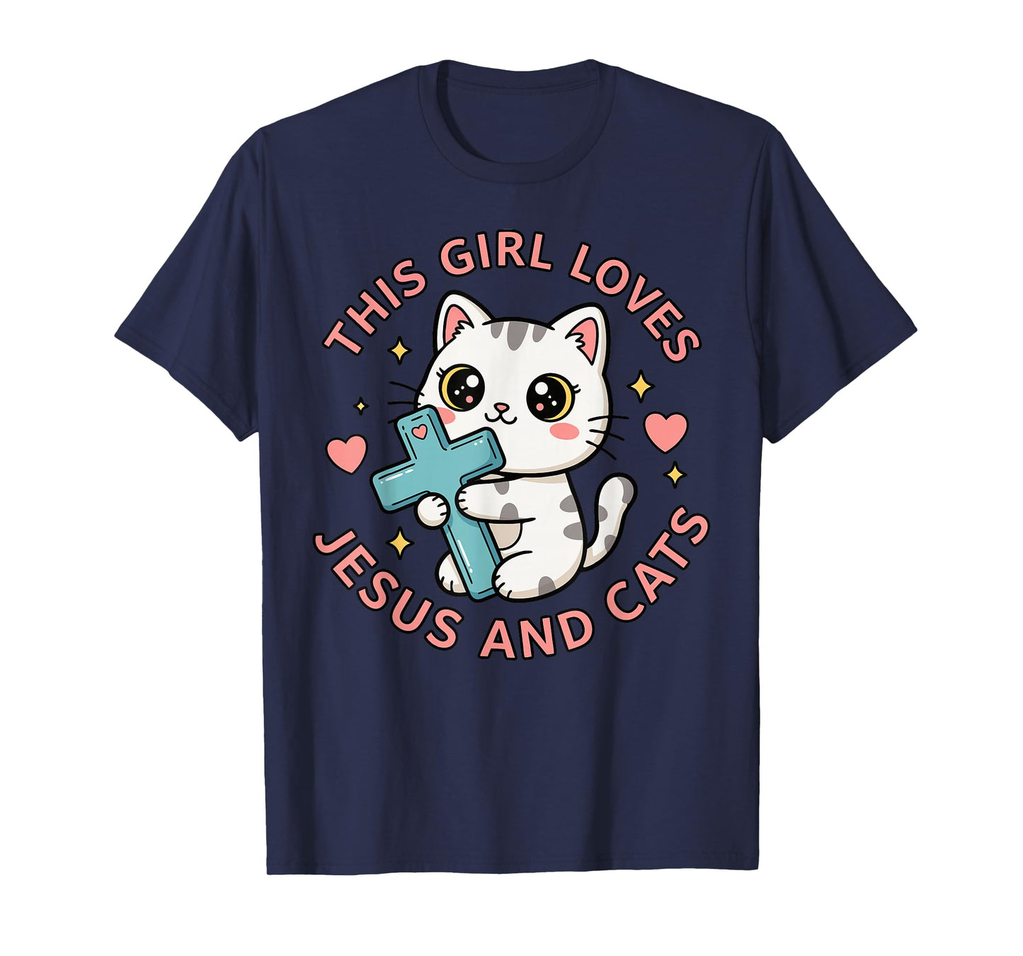 Christian This Girl Loves Jesus and Cats Cat Hugging Cross T-Shirt