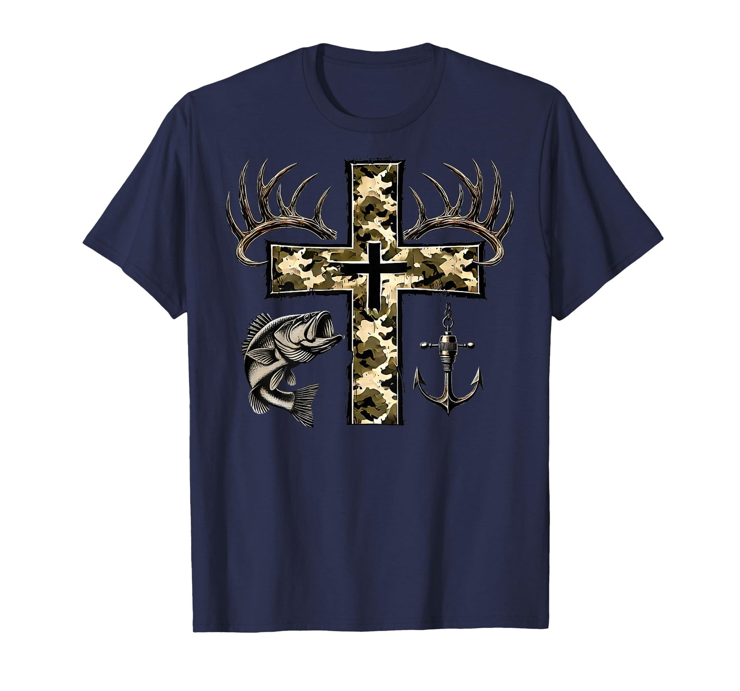 (Back) Hunting Fishing Cross Camo Faith Christian Fisherman T-Shirt
