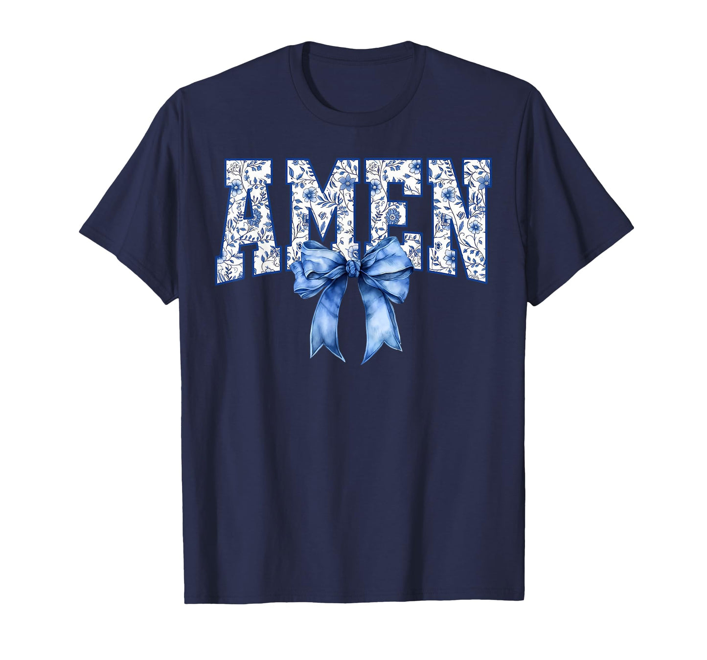 Amen Floral Toile Blue Coquette Bow Religious Faith Jesus T-Shirt