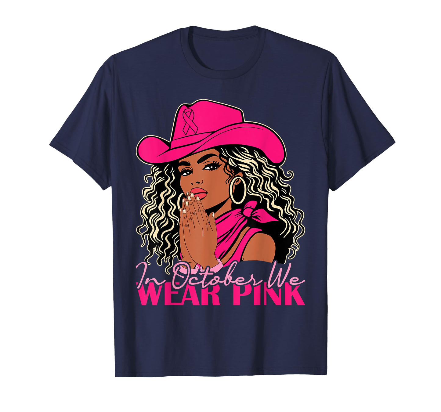 in October We Wear Pink Women Black Cowgirl Breast Cancer T-Shirt
