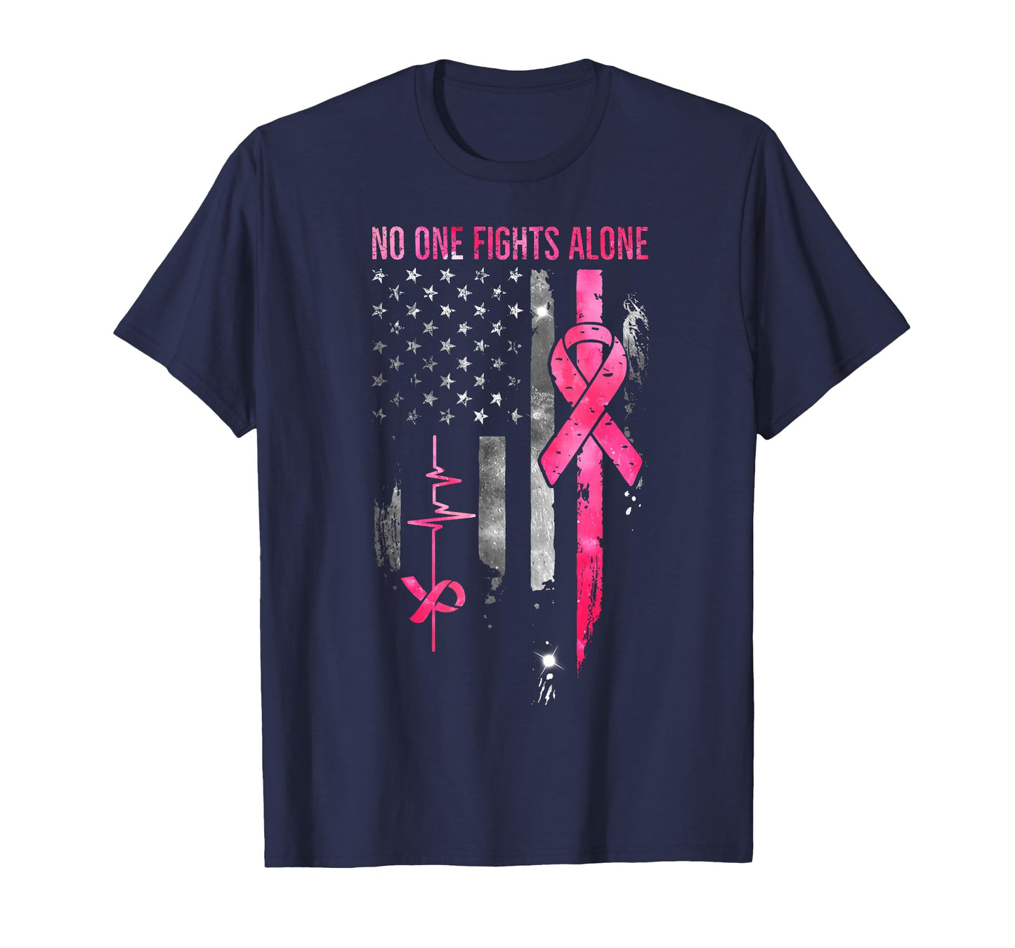 No One Fight Breast Cancer Alone Pink Ribbon American Flag T-Shirt