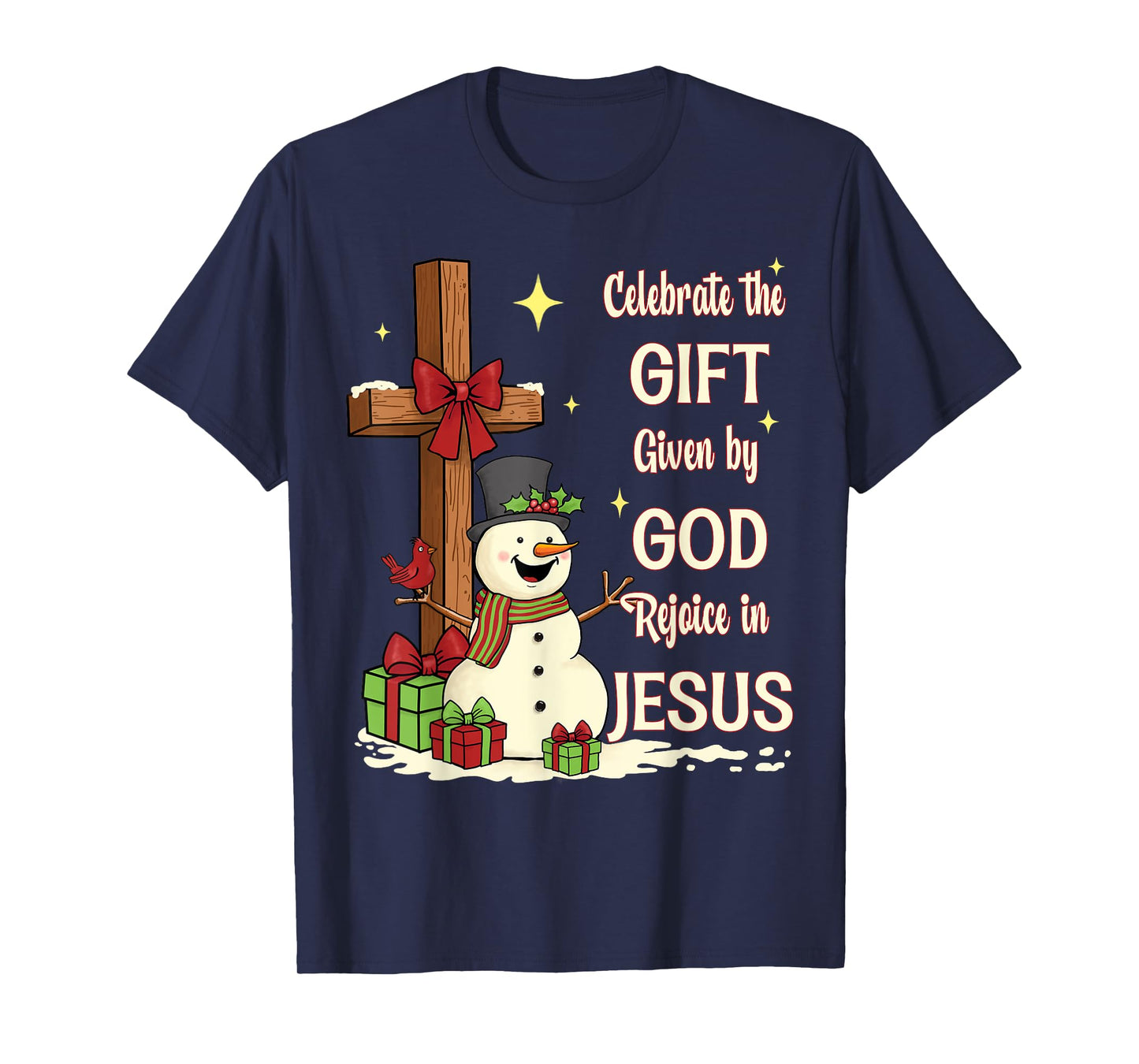 Celebrate Jesus Birth Christmas Snowman Christian Cross T-Shirt