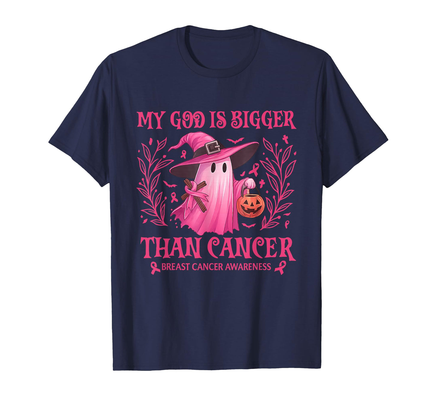 My God Is Bigger Than Breast Cancer Awareness Ghost Witch T-Shirt