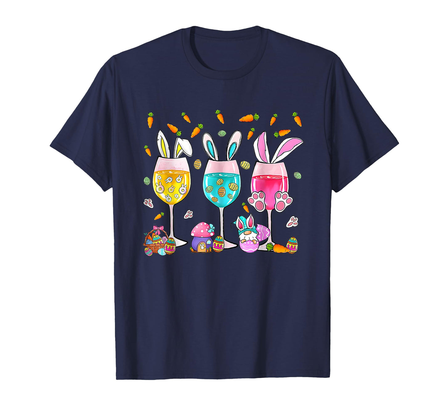 Funny Wine Glasses Bunny With Egg Basket Spring Easter Women T-Shirt