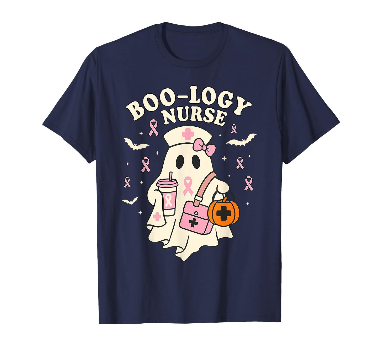 Boo-logy Nurse Ghost Halloween Breast Cancer Awareness T-Shirt