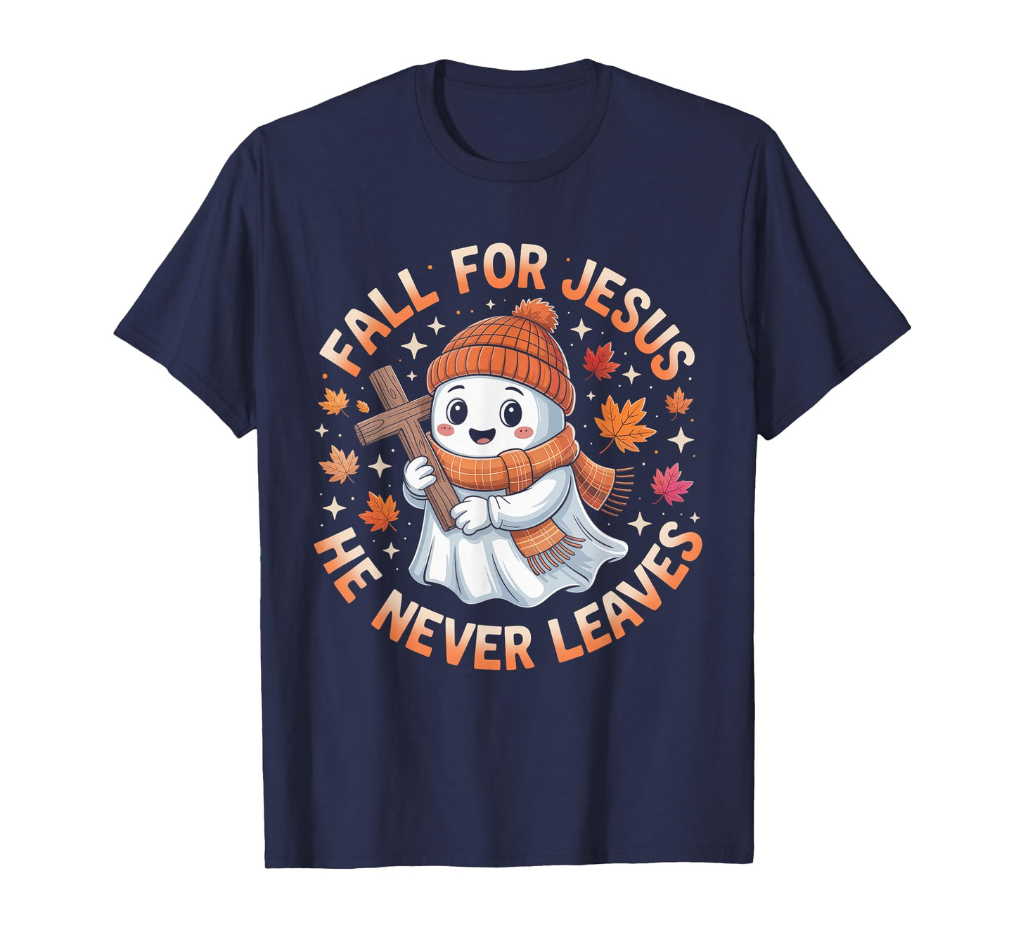 Fall for Jesus He Never Leave Cute Ghost Retro Halloween T-Shirt