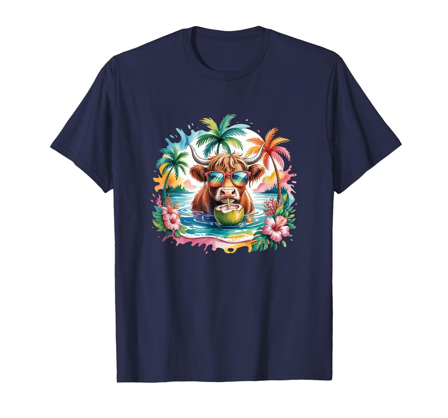Tropical Highland Cow Summer Vibes Funny Beach Girls Women T-Shirt