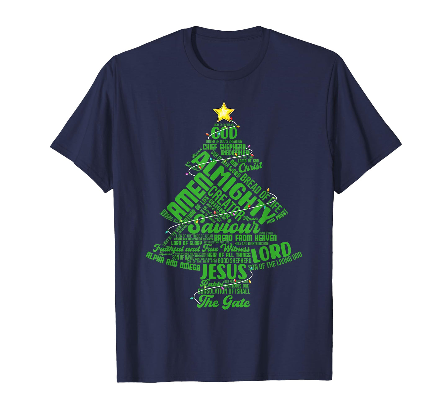 Names Of Jesus Christmas Tree Lights Christian Xmas Pajama T-Shirt