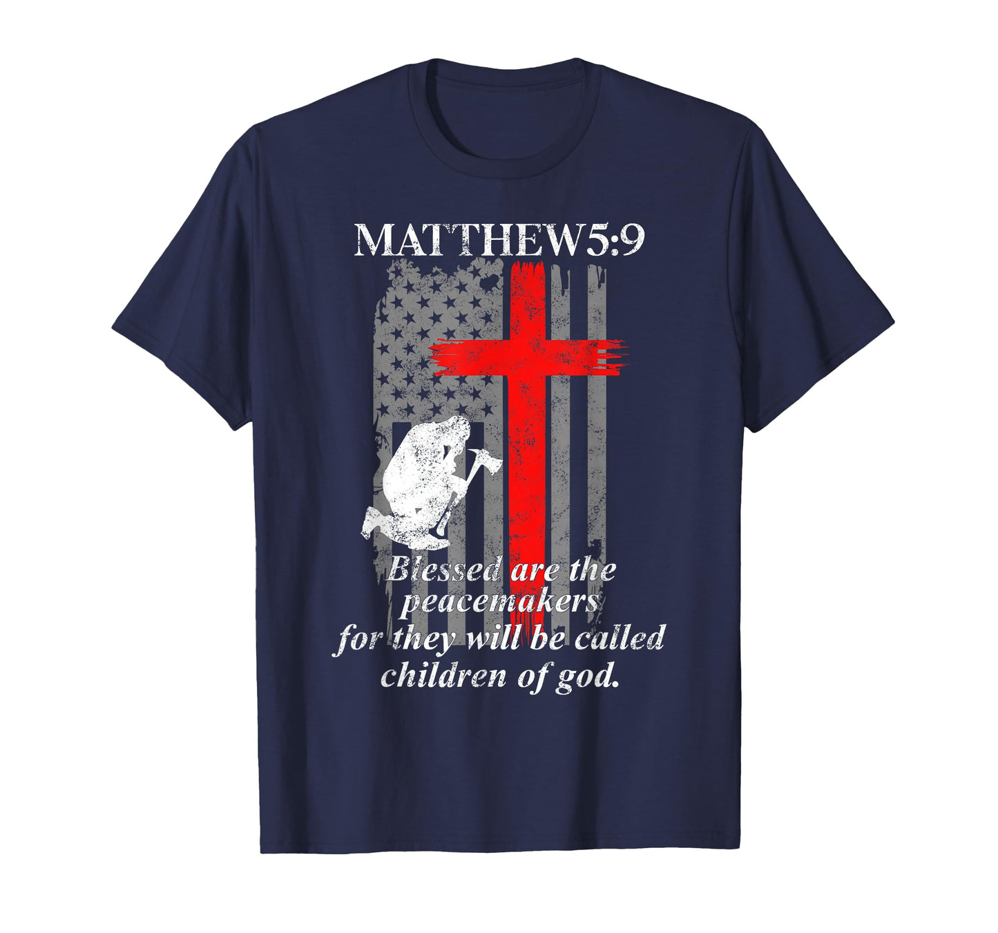 Thin Red Line Fireman Cross Bible Verse Firefighter USA Flag T-Shirt